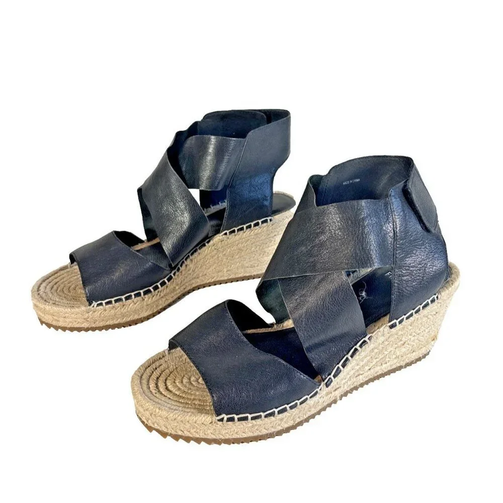Eileen Fisher Black Leather Willow Espadrille Wedge Heels Women's Size 9.5 Boho